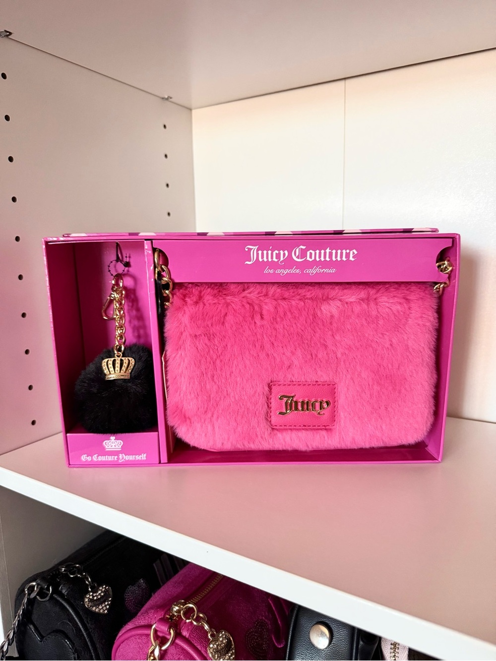 Juicy Couture “Free Love” Hot Pink Faux Fur Shoulder Bag with Pom Pom Charm